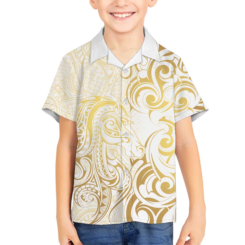 Gold And White Aotearoa Horse Racing Kid Hawaiian Shirt NZ Maori Pattern LT14 Kid White - Polynesian Pride