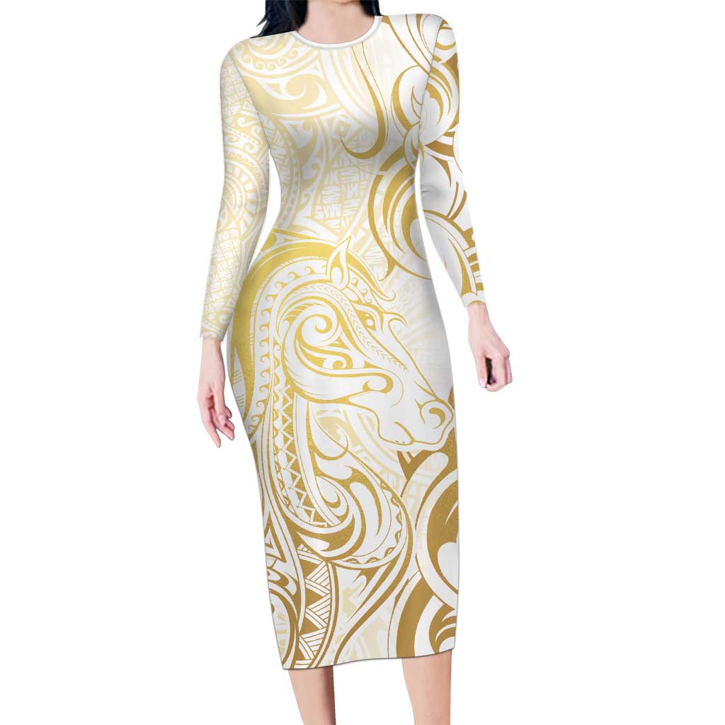 Gold And White Aotearoa Horse Racing Long Sleeve Bodycon Dress NZ Maori Pattern LT14 Long Dress White - Polynesian Pride