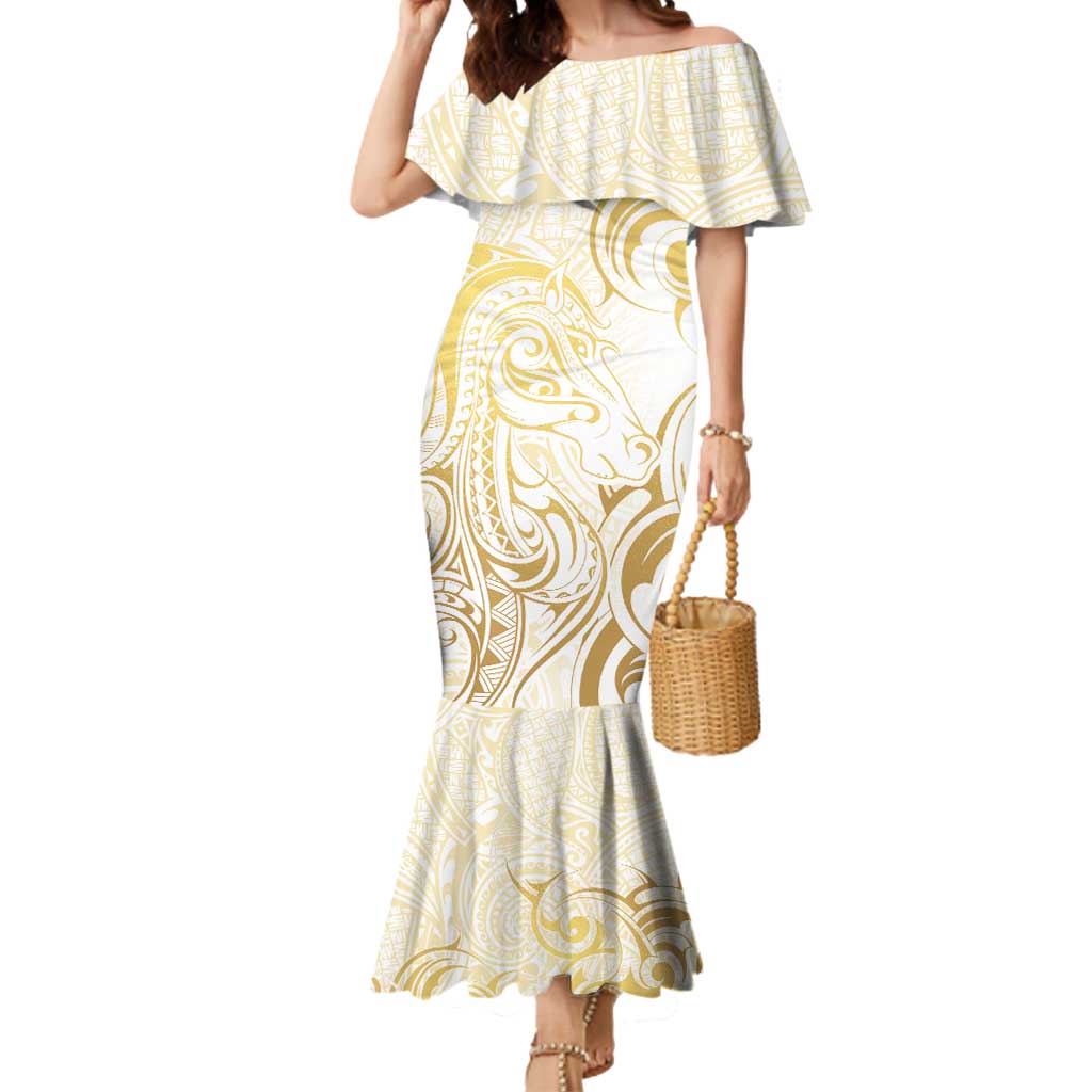 Gold And White Aotearoa Horse Racing Mermaid Dress NZ Maori Pattern LT14 Women White - Polynesian Pride