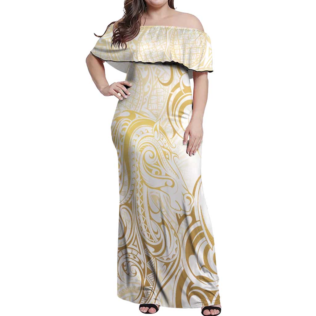 Gold And White Aotearoa Horse Racing Off Shoulder Maxi Dress NZ Maori Pattern LT14 Women White - Polynesian Pride