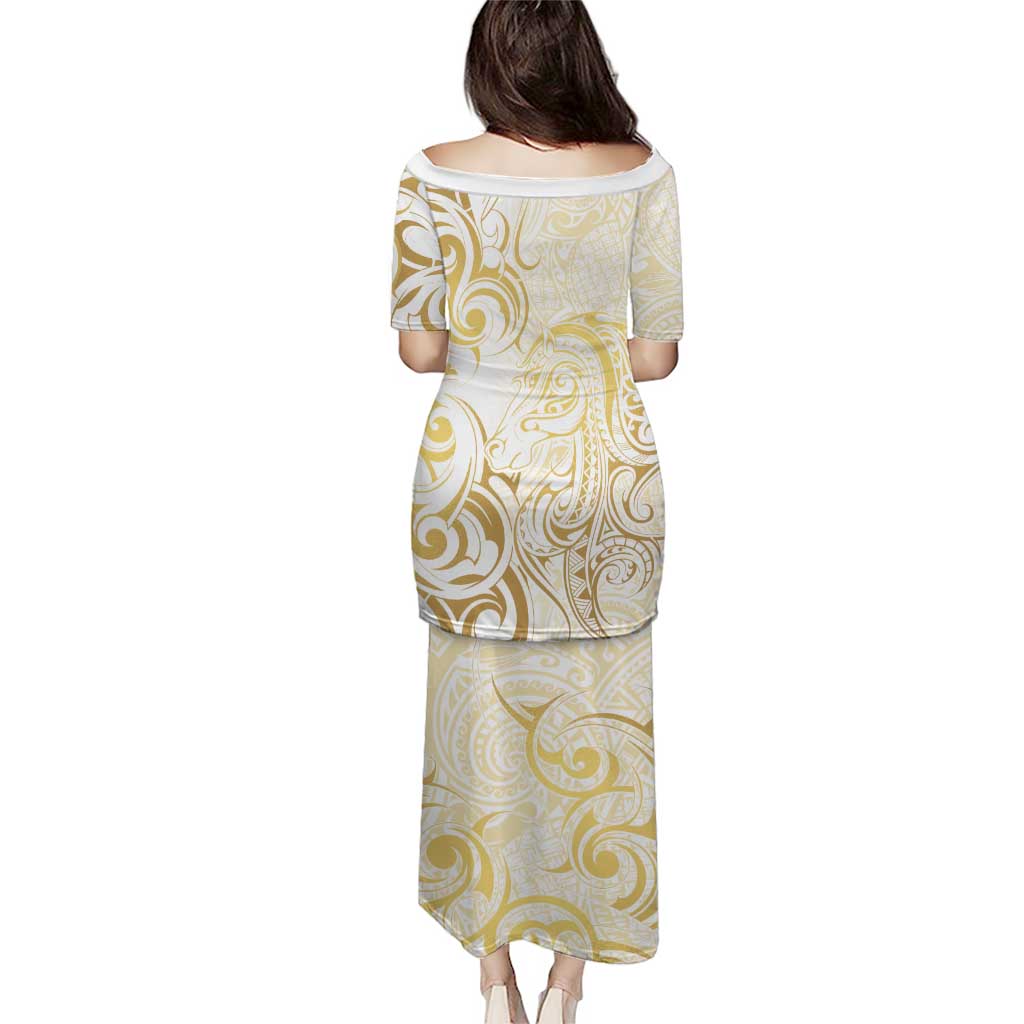 Gold And White Aoteara Horse Racing Puletasi NZ Maori Pattern