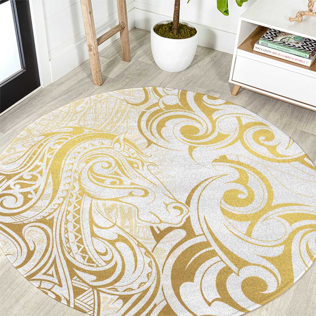 Gold And White Aotearoa Horse Racing Round Carpet NZ Maori Pattern LT14 White - Polynesian Pride