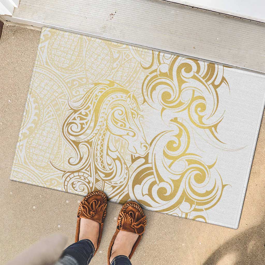 Gold And White Aoteara Horse Racing Rubber Doormat NZ Maori Pattern