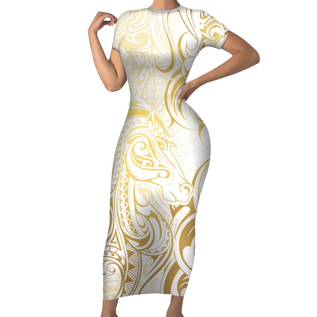 Gold And White Aotearoa Horse Racing Short Sleeve Bodycon Dress NZ Maori Pattern LT14 Long Dress White - Polynesian Pride