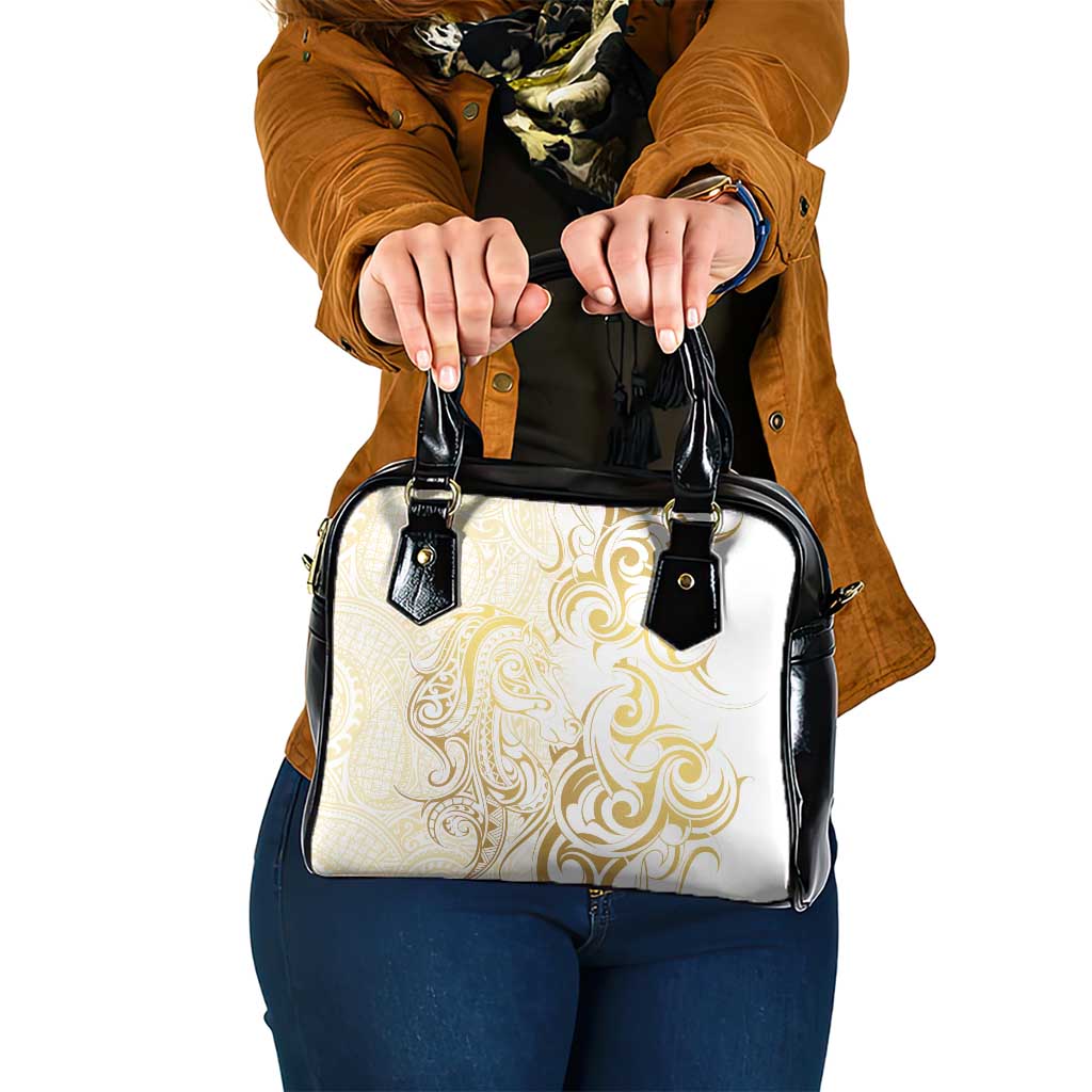 Gold And White Aotearoa Horse Racing Shoulder Handbag NZ Maori Pattern LT14 One Size White - Polynesian Pride