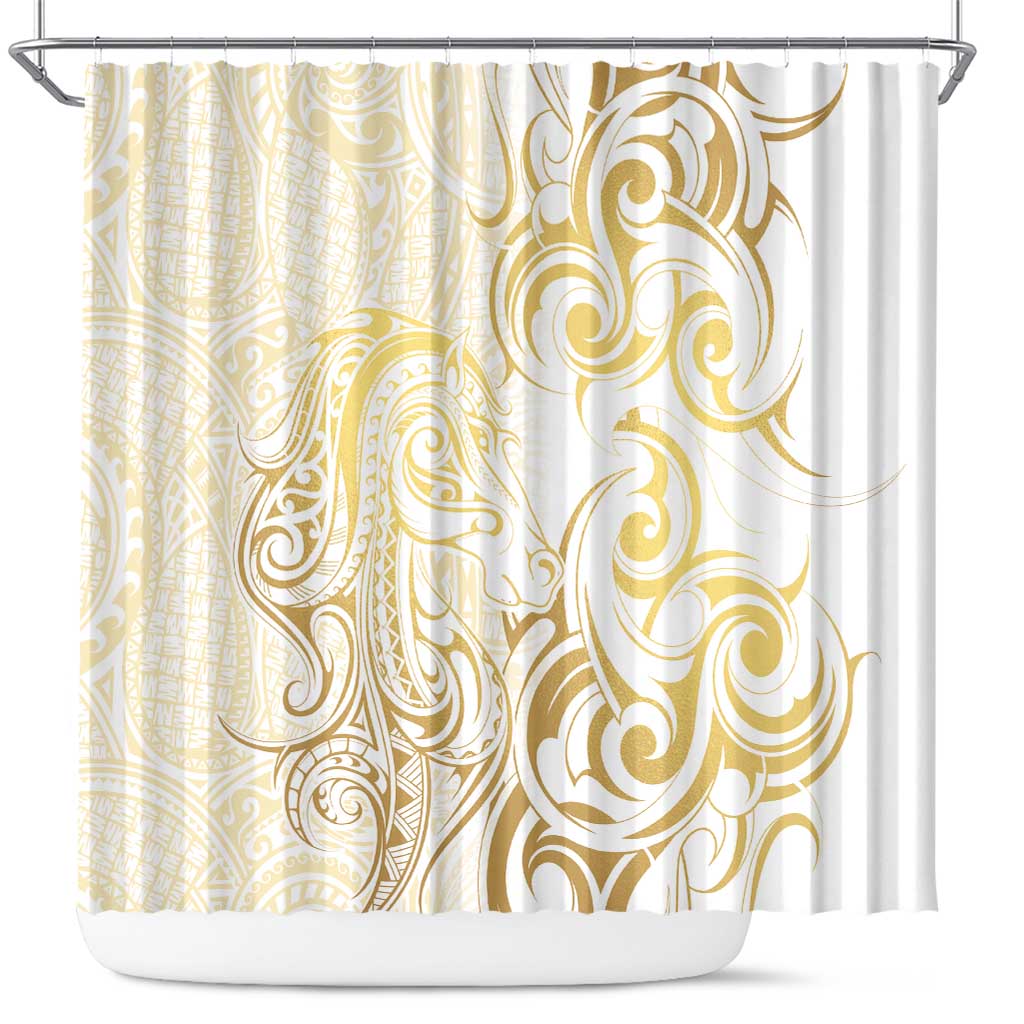Gold And White Aotearoa Horse Racing Shower Curtain NZ Maori Pattern LT14 White - Polynesian Pride