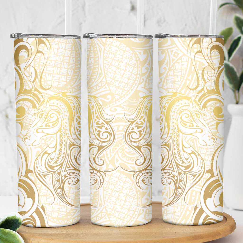 Gold And White Aoteara Horse Racing Skinny Tumbler NZ Maori Pattern