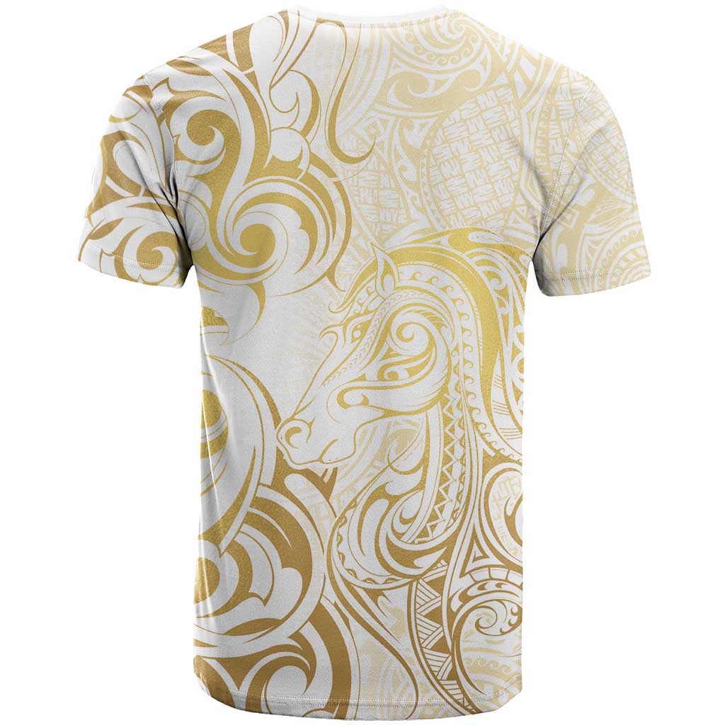 Gold And White Aoteara Horse Racing T Shirt NZ Maori Pattern