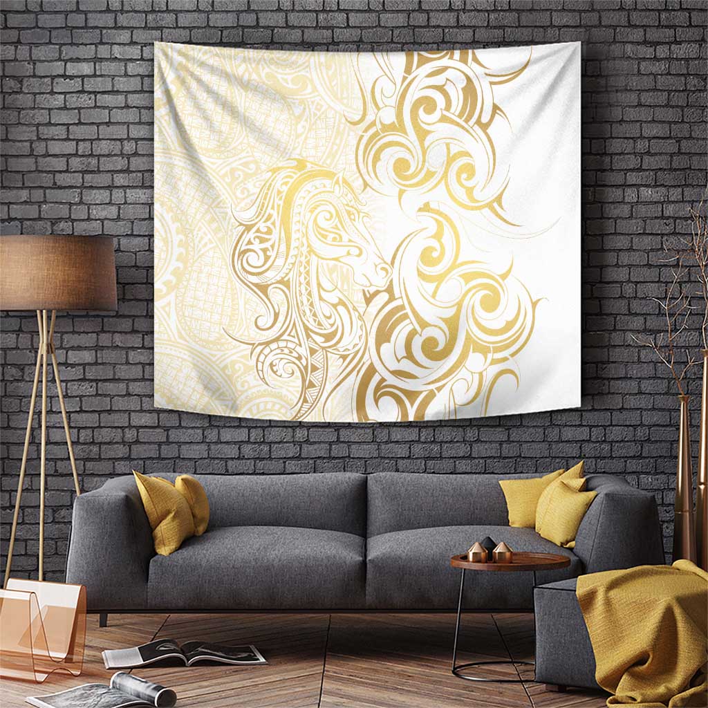 Gold And White Aotearoa Horse Racing Tapestry NZ Maori Pattern LT14 White - Polynesian Pride