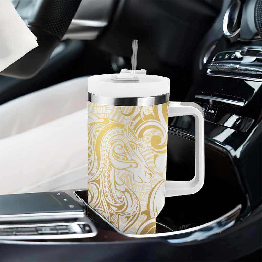 Gold And White Aoteara Horse Racing Tumbler With Handle NZ Maori Pattern