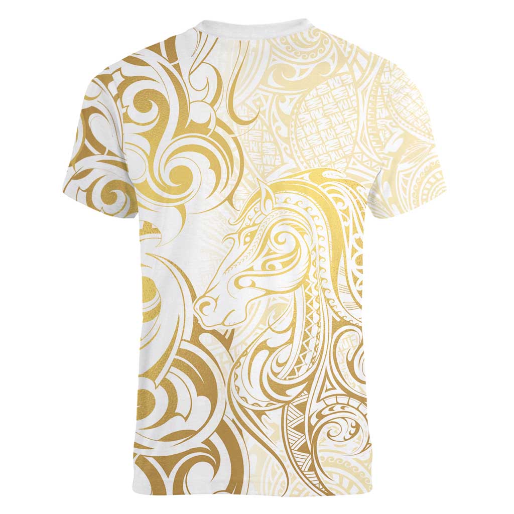 Gold And White Aoteara Horse Racing Women V-Neck T-Shirt NZ Maori Pattern