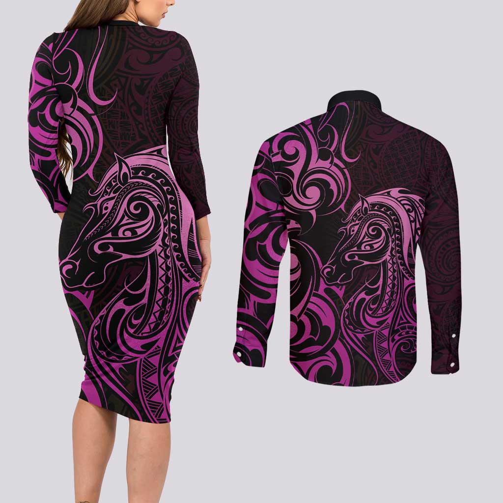 Pink Aoteara Horse Racing Couples Matching Long Sleeve Bodycon Dress and Long Sleeve Button Shirt NZ Maori Pattern