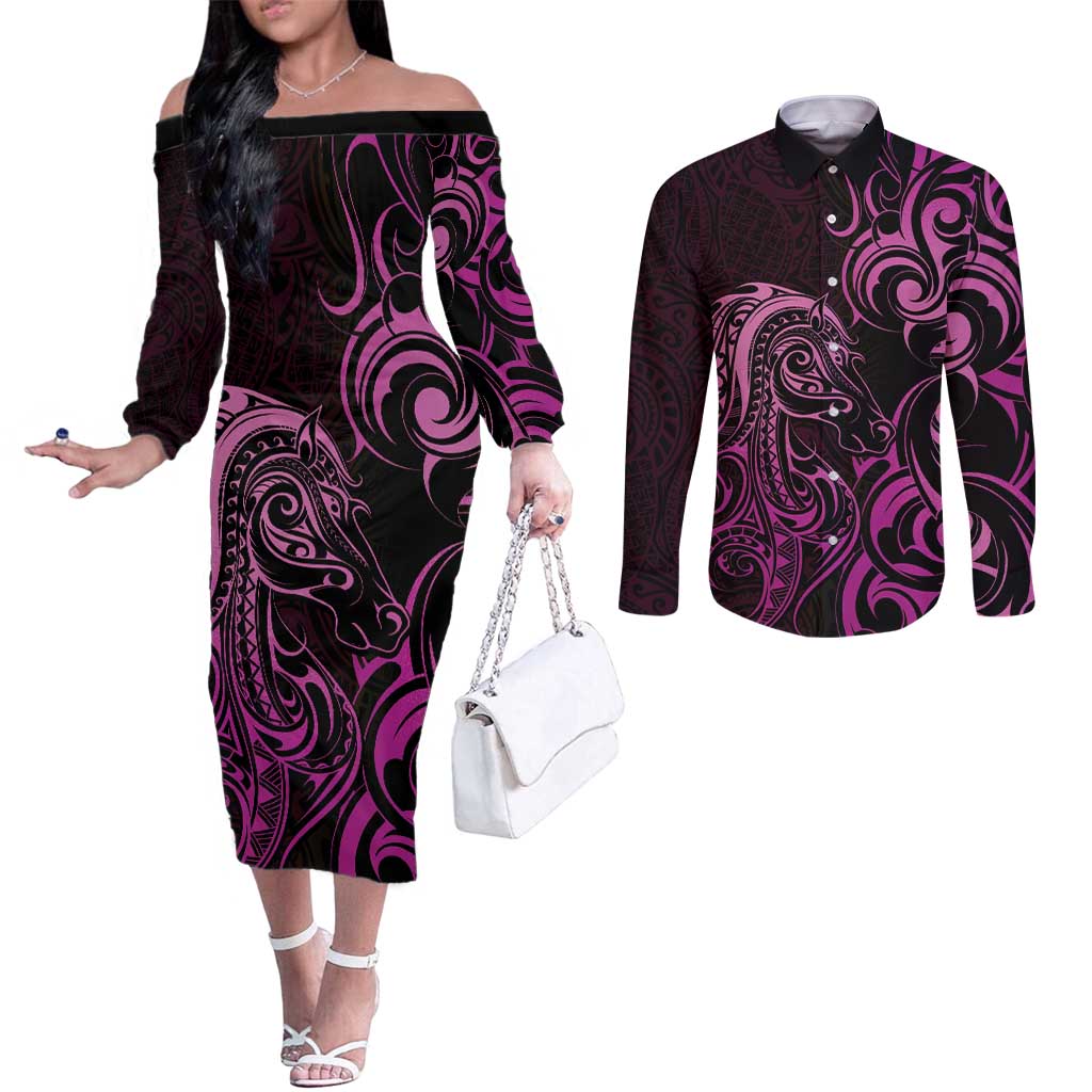 Pink Aotearoa Horse Racing Couples Matching Off The Shoulder Long Sleeve Dress and Long Sleeve Button Shirt NZ Maori Pattern LT14 Pink - Polynesian Pride