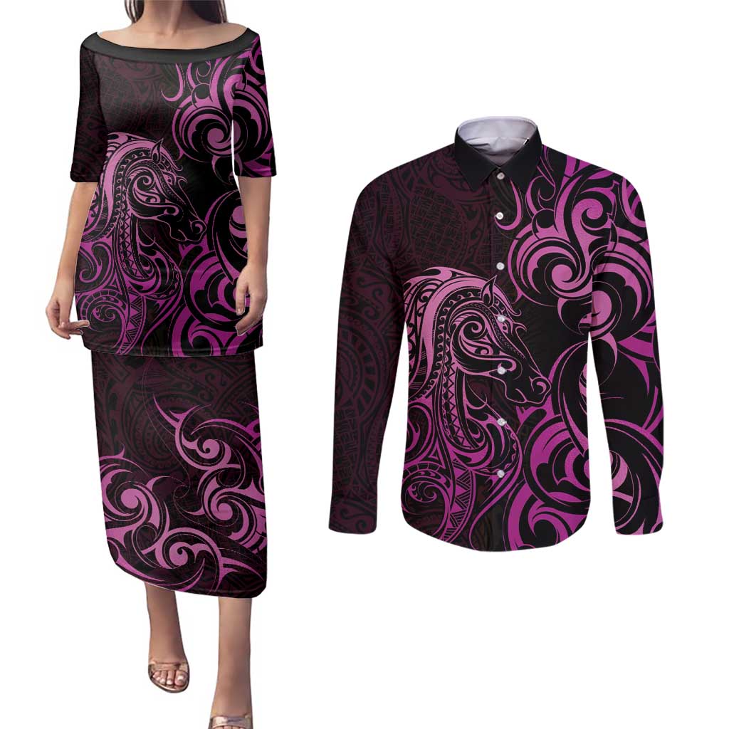 Pink Aoteara Horse Racing Couples Matching Puletasi and Long Sleeve Button Shirt NZ Maori Pattern
