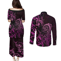 Pink Aoteara Horse Racing Couples Matching Puletasi and Long Sleeve Button Shirt NZ Maori Pattern
