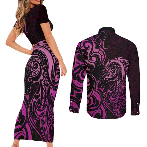 New Zealand Couples Matching Short Sleeve Bodycon Dress and Long Sleeve Button Shirts Aotearoa Manaia Maori Fern Tattoo Arty LT9 main image 1