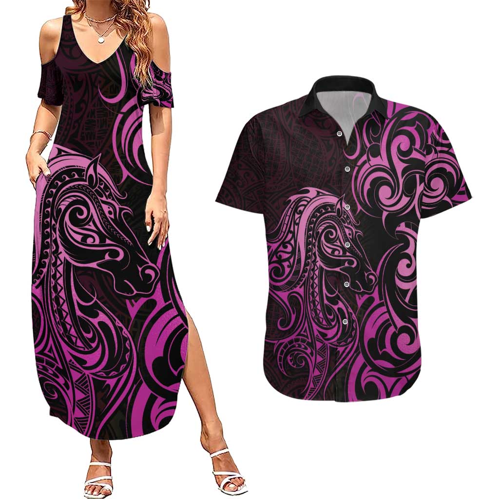 Pink Aotearoa Horse Racing Couples Matching Summer Maxi Dress and Hawaiian Shirt NZ Maori Pattern LT14 Pink - Polynesian Pride