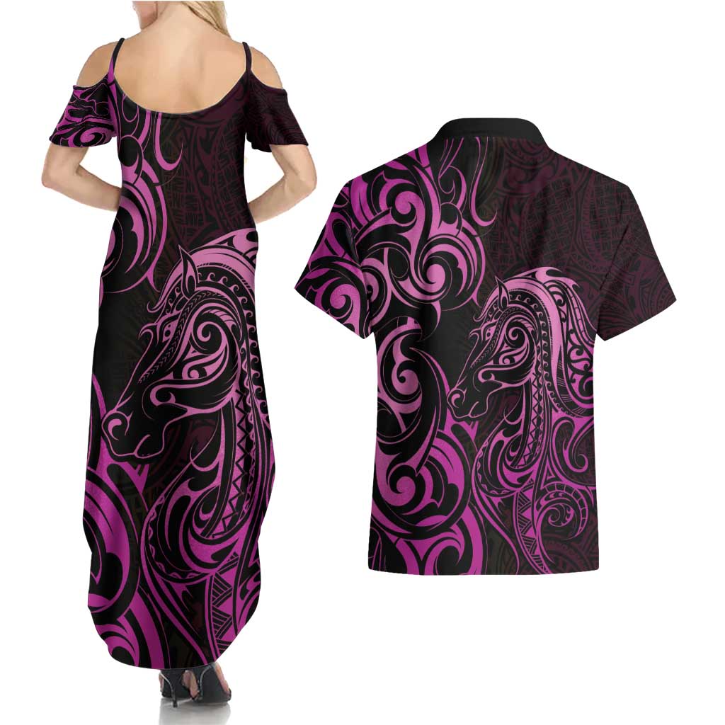 Pink Aotearoa Horse Racing Couples Matching Summer Maxi Dress and Hawaiian Shirt NZ Maori Pattern LT14 - Polynesian Pride