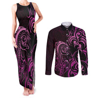Pink Aoteara Horse Racing Couples Matching Tank Maxi Dress and Long Sleeve Button Shirt NZ Maori Pattern