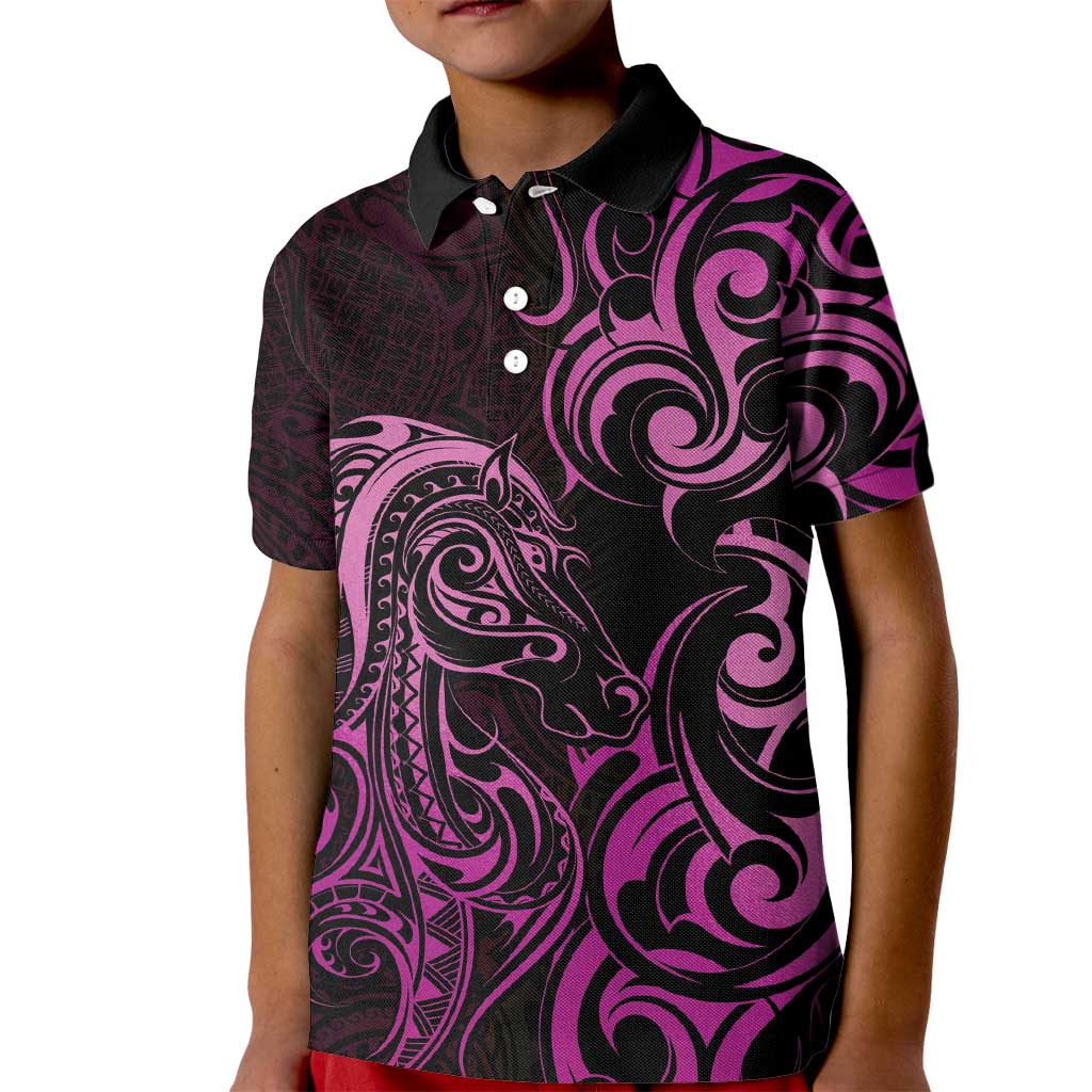 Pink Aoteara Horse Racing Kid Polo Shirt NZ Maori Pattern