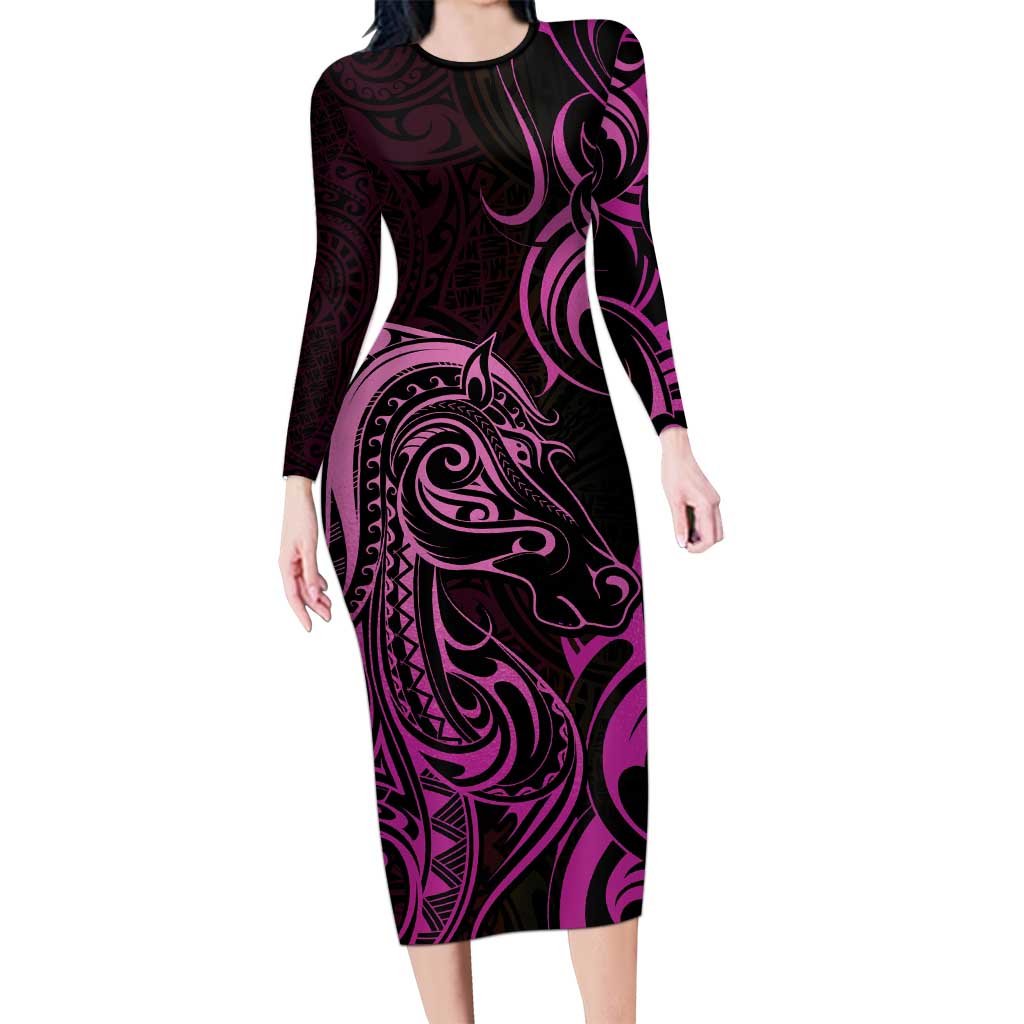 Pink Aotearoa Horse Racing Long Sleeve Bodycon Dress NZ Maori Pattern LT14 Long Dress Pink - Polynesian Pride