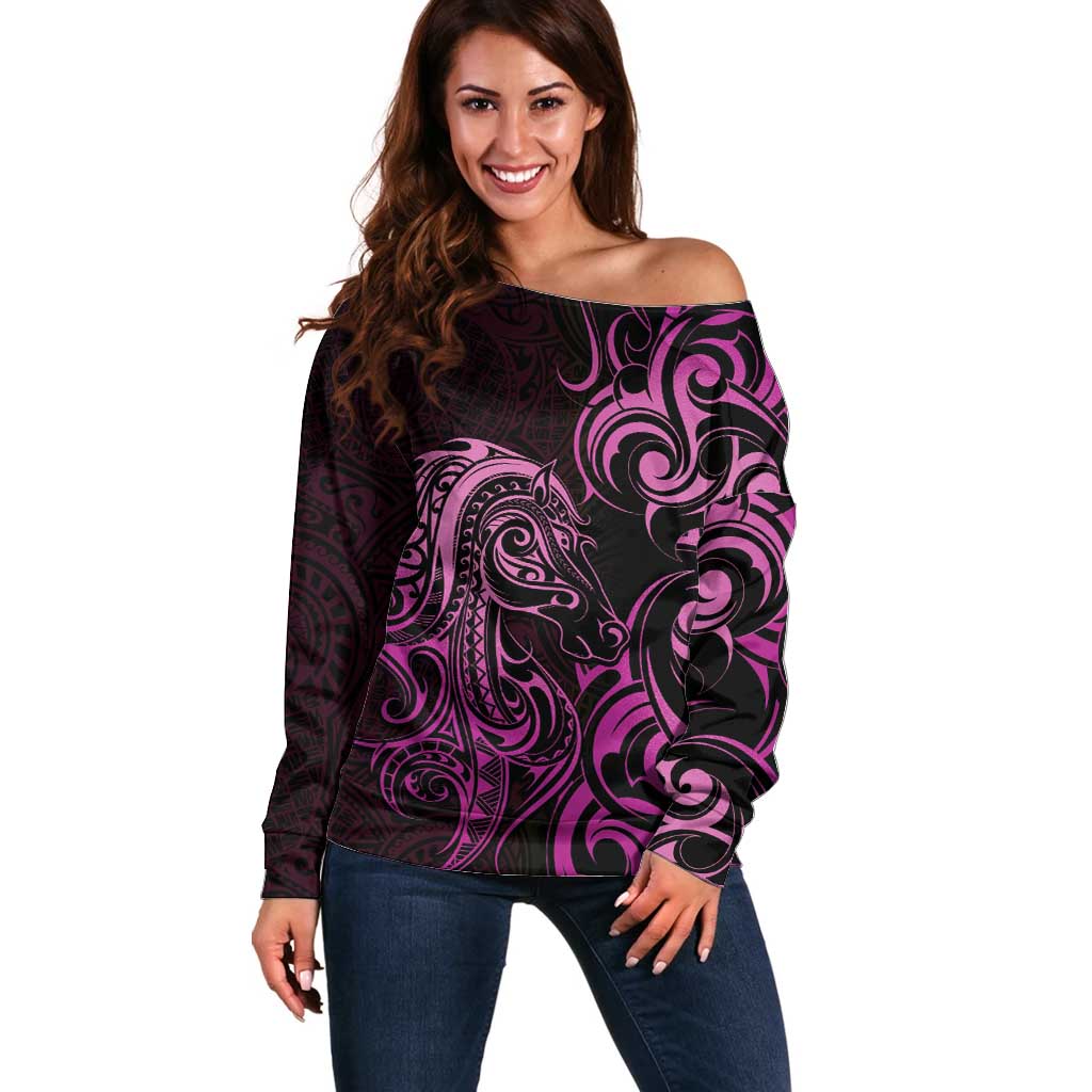 Pink Aotearoa Horse Racing Off Shoulder Sweater NZ Maori Pattern LT14 Women Pink - Polynesian Pride