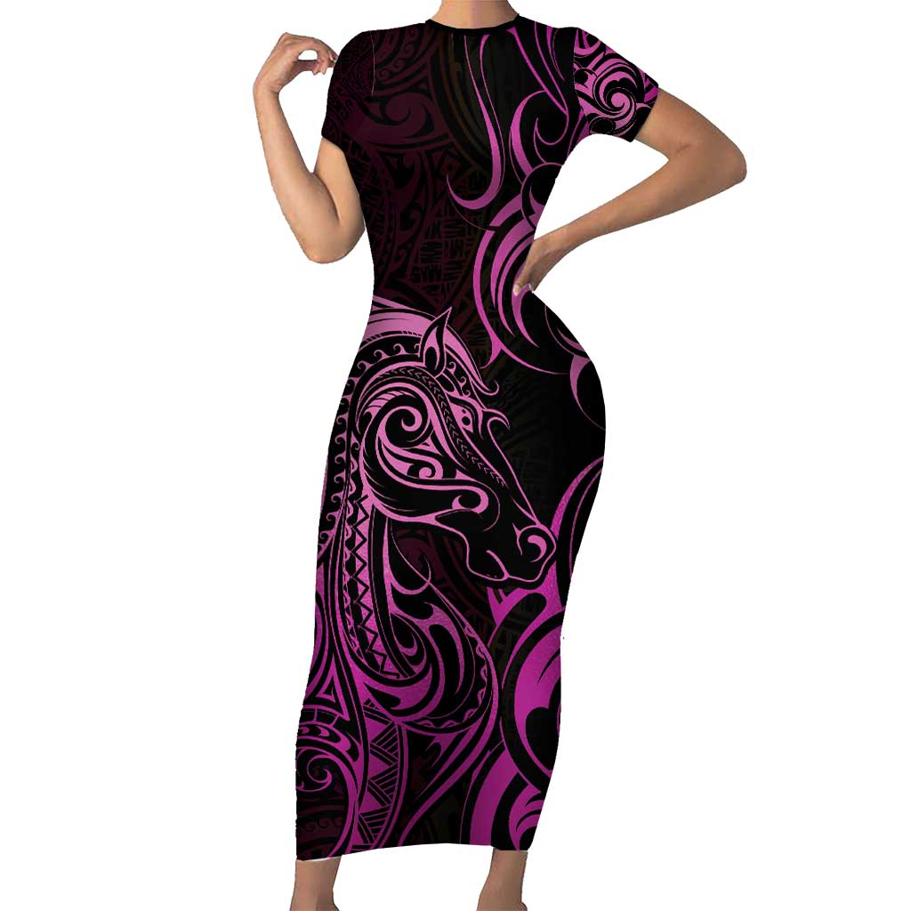 Pink Aotearoa Horse Racing Short Sleeve Bodycon Dress NZ Maori Pattern LT14 Long Dress Pink - Polynesian Pride