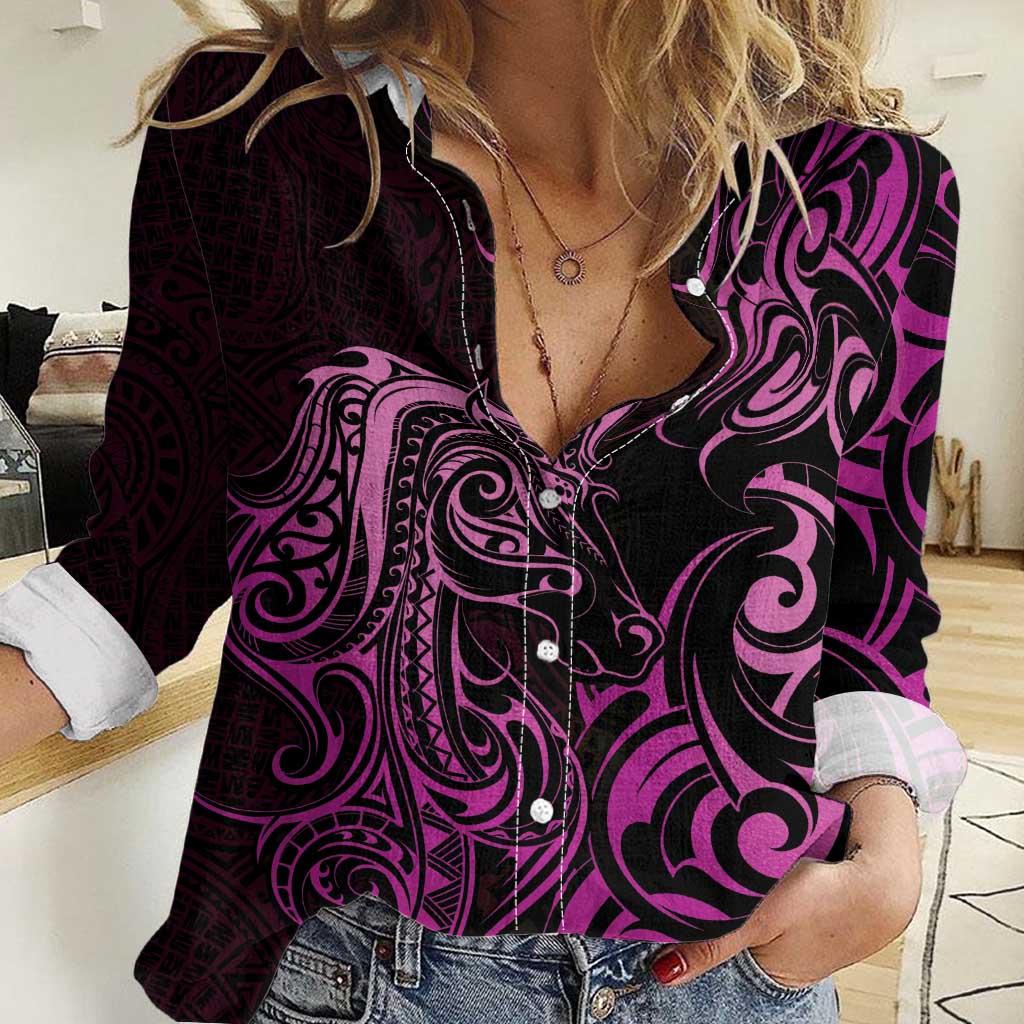 Pink Aoteara Horse Racing Women Casual Shirt NZ Maori Pattern