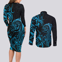 Blue Aoteara Horse Racing Couples Matching Long Sleeve Bodycon Dress and Long Sleeve Button Shirt NZ Maori Pattern