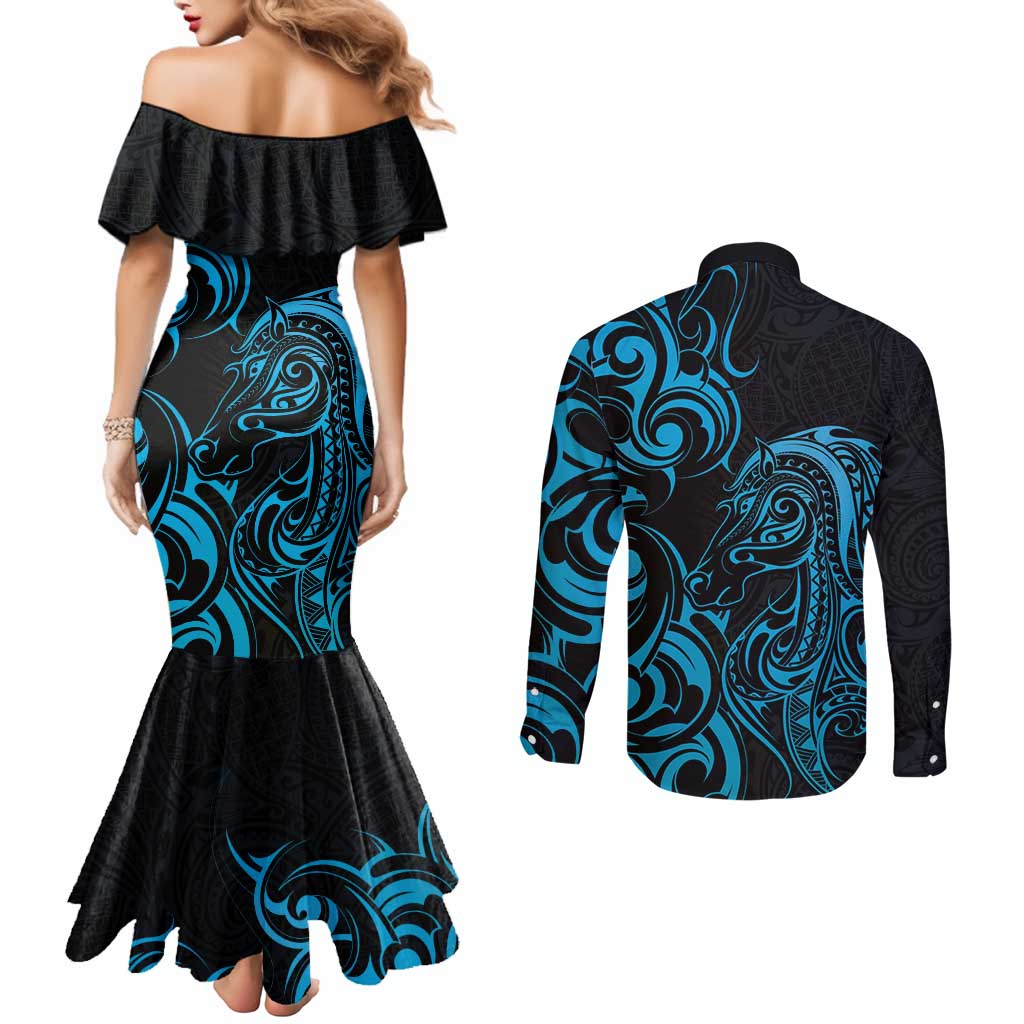 Blue Aoteara Horse Racing Couples Matching Mermaid Dress and Long Sleeve Button Shirt NZ Maori Pattern