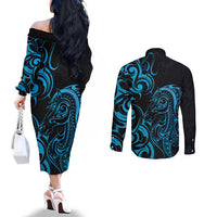 Blue Aoteara Horse Racing Couples Matching Off The Shoulder Long Sleeve Dress and Long Sleeve Button Shirt NZ Maori Pattern