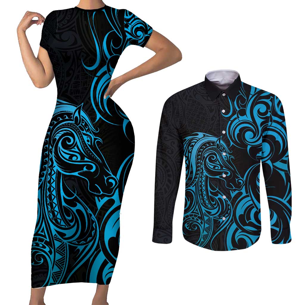 Blue Aoteara Horse Racing Couples Matching Short Sleeve Bodycon Dress and Long Sleeve Button Shirt NZ Maori Pattern