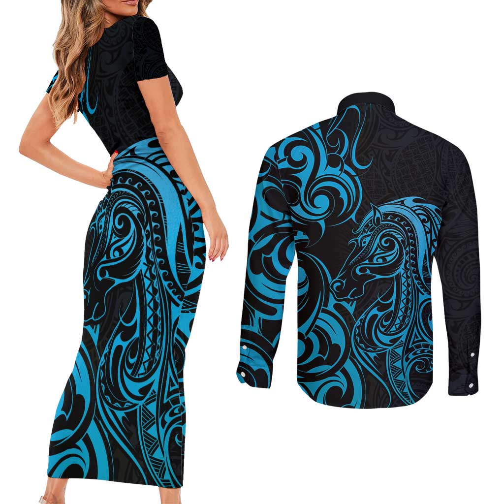Blue Aoteara Horse Racing Couples Matching Short Sleeve Bodycon Dress and Long Sleeve Button Shirt NZ Maori Pattern