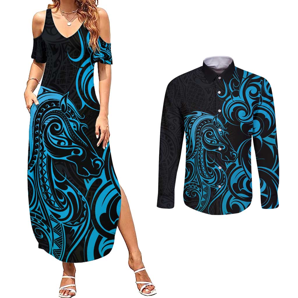 Blue Aoteara Horse Racing Couples Matching Summer Maxi Dress and Long Sleeve Button Shirt NZ Maori Pattern