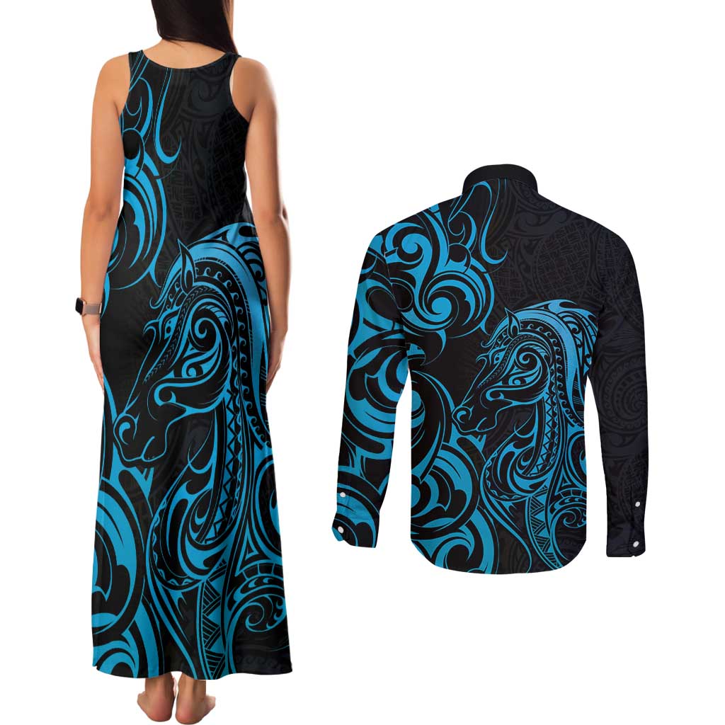 Blue Aoteara Horse Racing Couples Matching Tank Maxi Dress and Long Sleeve Button Shirt NZ Maori Pattern