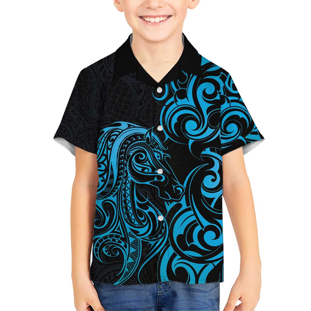 Blue Aotearoa Horse Racing Kid Hawaiian Shirt NZ Maori Pattern LT14 Kid Blue - Polynesian Pride
