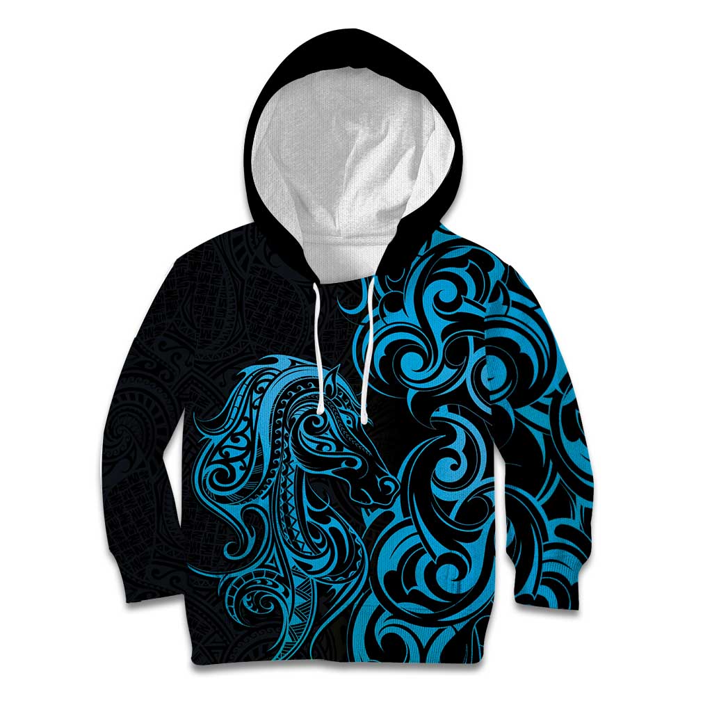 Blue Aoteara Horse Racing Kid Hoodie NZ Maori Pattern