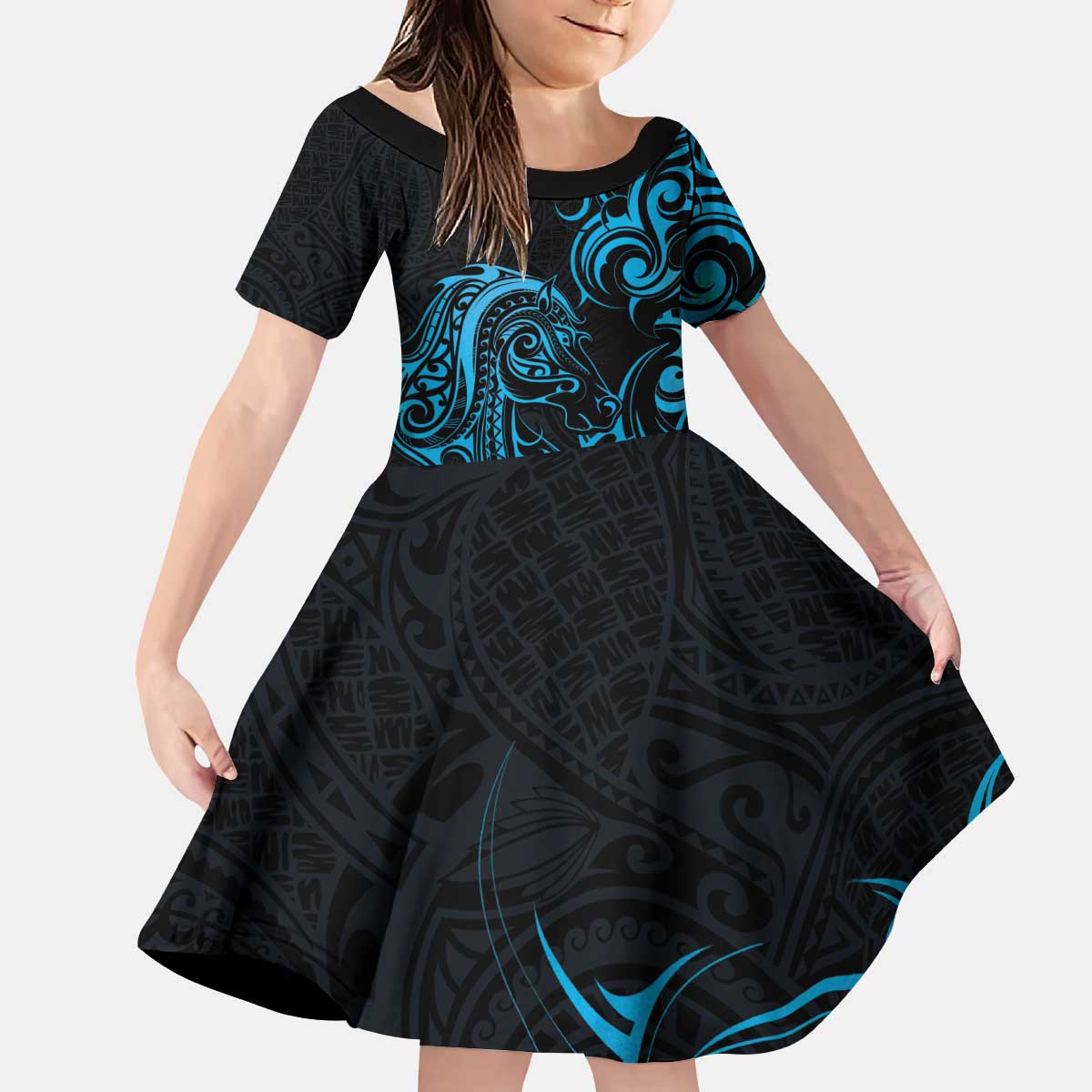 Blue Aotearoa Horse Racing Kid Short Sleeve Dress NZ Maori Pattern LT14 KID Blue - Polynesian Pride