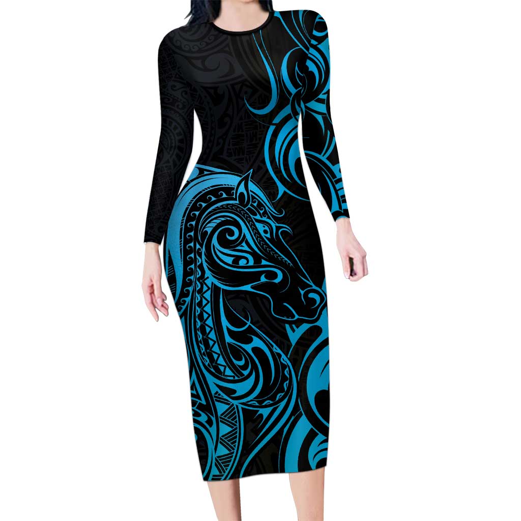 Blue Aotearoa Horse Racing Long Sleeve Bodycon Dress NZ Maori Pattern LT14 Long Dress Blue - Polynesian Pride