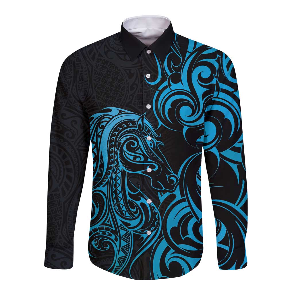 Blue Aoteara Horse Racing Long Sleeve Button Shirt NZ Maori Pattern