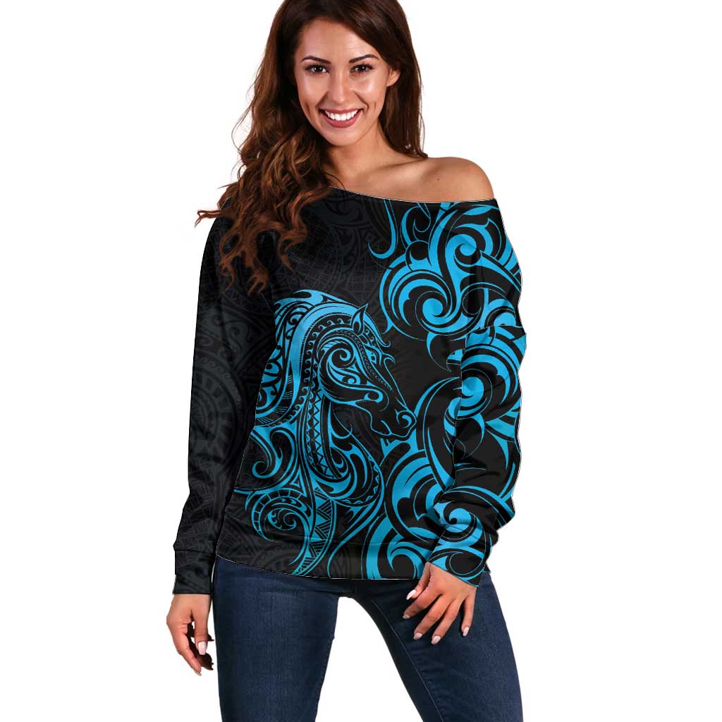 Blue Aotearoa Horse Racing Off Shoulder Sweater NZ Maori Pattern LT14 Women Blue - Polynesian Pride