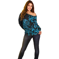 Blue Aoteara Horse Racing Off Shoulder Sweater NZ Maori Pattern