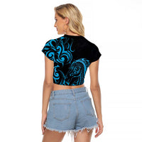 Blue Aoteara Horse Racing Raglan Cropped T Shirt NZ Maori Pattern