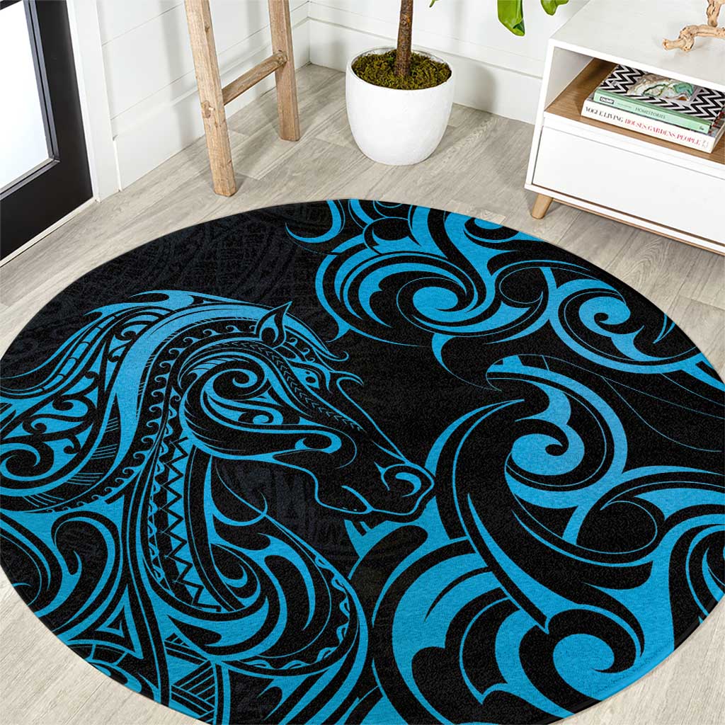Blue Aotearoa Horse Racing Round Carpet NZ Maori Pattern LT14 Blue - Polynesian Pride