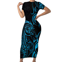 Blue Aotearoa Horse Racing Short Sleeve Bodycon Dress NZ Maori Pattern LT14 Long Dress Blue - Polynesian Pride