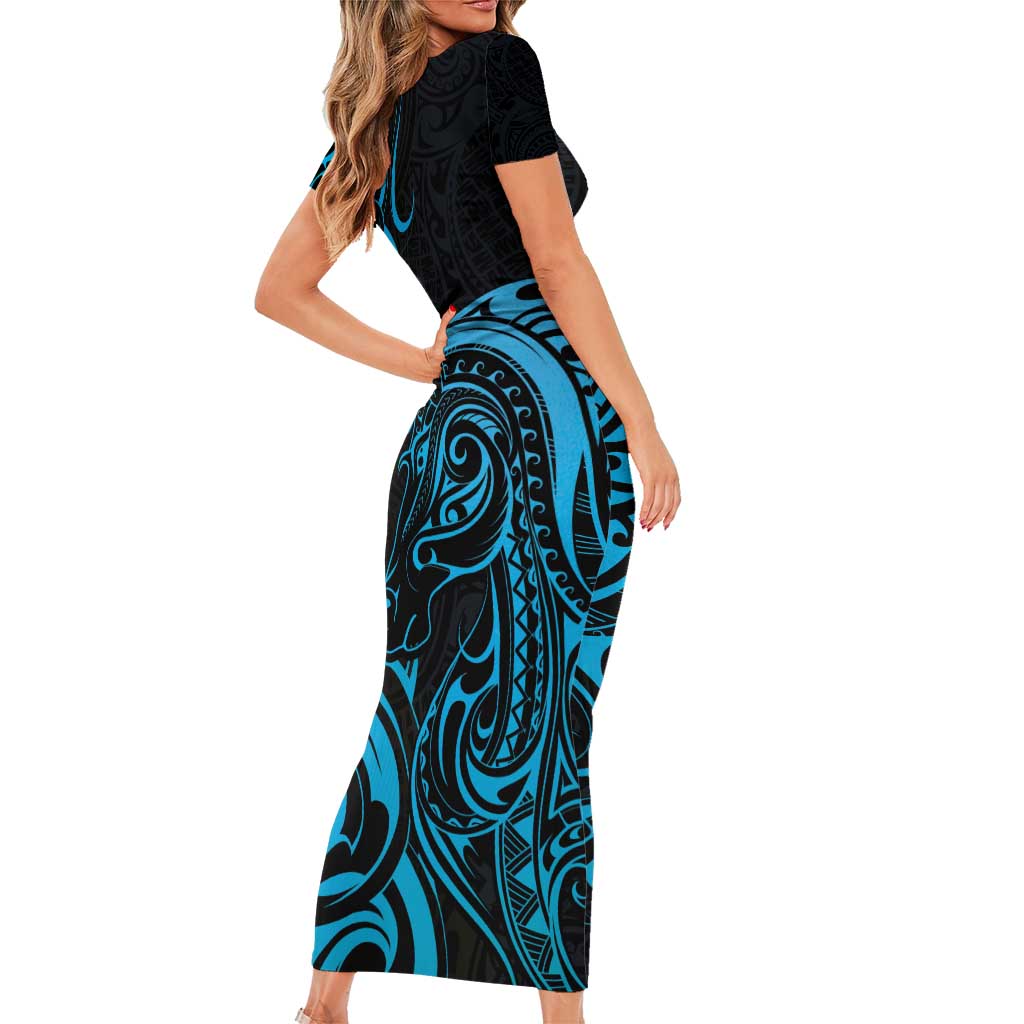 Blue Aotearoa Horse Racing Short Sleeve Bodycon Dress NZ Maori Pattern LT14 - Polynesian Pride