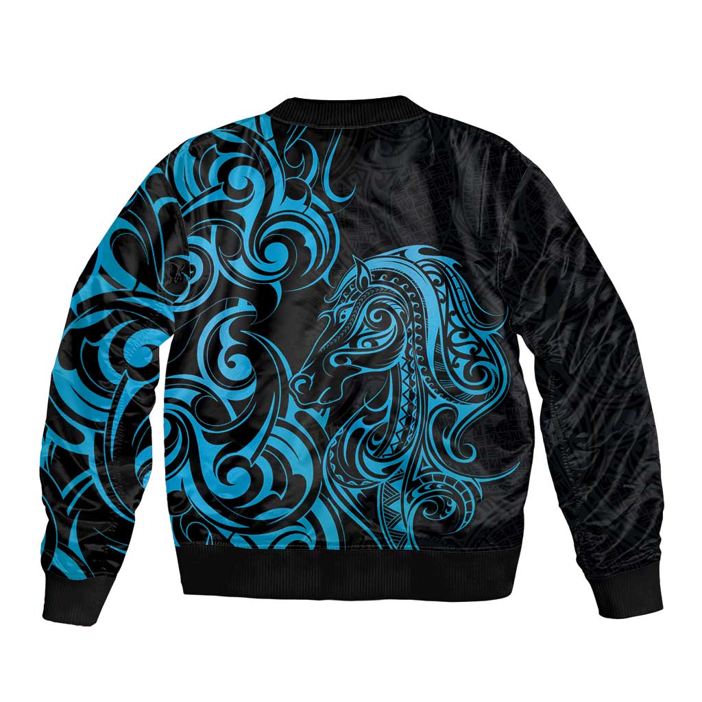 Blue Aoteara Horse Racing Sleeve Zip Bomber Jacket NZ Maori Pattern