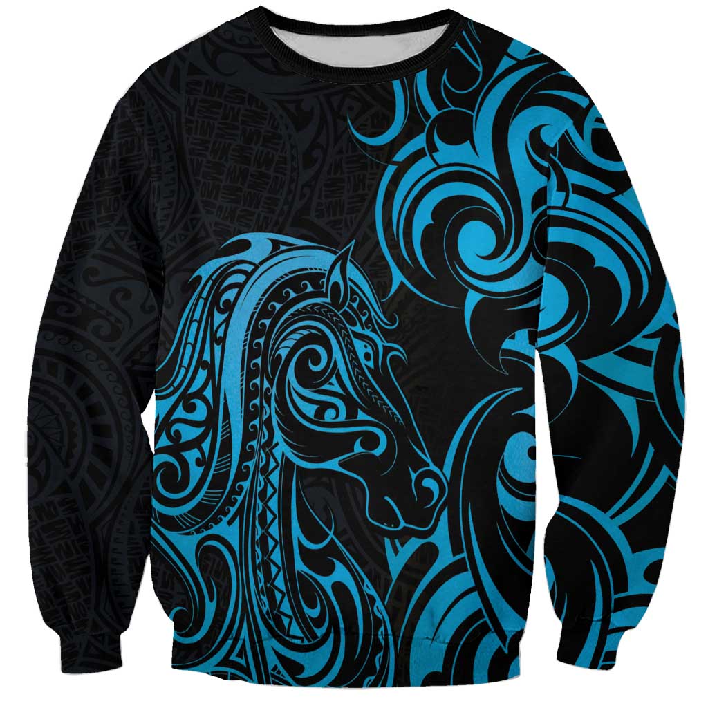 Blue Aoteara Horse Racing Sweatshirt NZ Maori Pattern