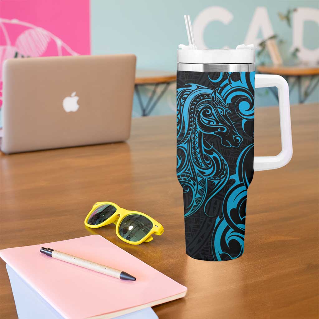 Blue Aoteara Horse Racing Tumbler With Handle NZ Maori Pattern