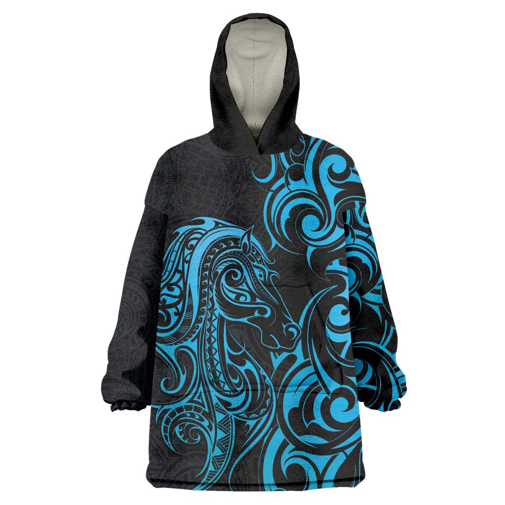 Blue Aotearoa Horse Racing Wearable Blanket Hoodie NZ Maori Pattern LT14 One Size Blue - Polynesian Pride